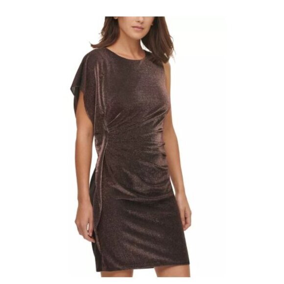 Women's Copper Cocktail Dress Size‎ 2 Shimmering Asymmetrical Sleeve Dress - Picture 3 of 10